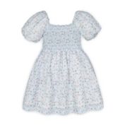 Hope & Henry Girls' Smocked Bubble Sleeve Dress (Pale Blue Vintage Floral, 2T)