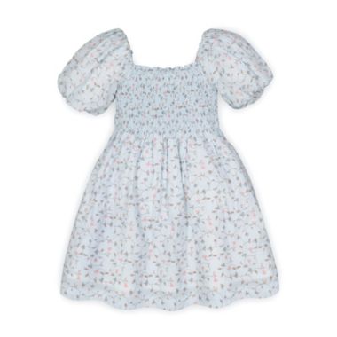 Hope & Henry Girls' Smocked Bubble Sleeve Dress (Pale Blue Vintage Floral, 2T). View a larger version of this product image.