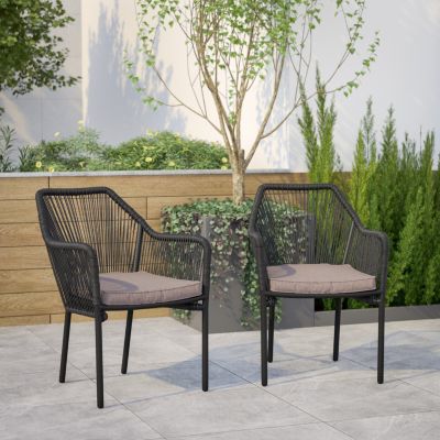 Emma + Oliver Talmadge Black Woven All-Weather Outdoor Two-Piece Club Chair Set with Coordinating Gray Cushions for Porch, Backyard and Patio