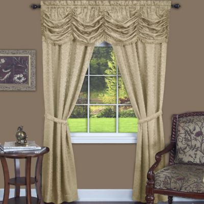 Kate Aurora Jacquard Damask Curtains With An Attached Austrian Valance & Tiebacks - 63 in. Long - Tan