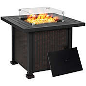 Outsunny 34" Propane Gas Fire Pit Table, 50,000BTU Wicker Gas Firepit with Glass Wind Guard, Lava Rocks and Lid, CSA Certification for Outdoor, and Patio, Black