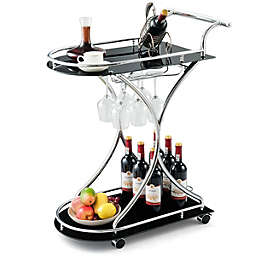 Gymax Serving Cart Kitchen Bar Wine Cart 2 Tier Glass Shelves and Metal Frame w/Wheels