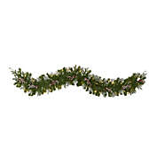 Nearly Natural 6&#39; x 12" Pre-Lit Flocked and Berries Artificial Christmas Garland, Clear LED Lights