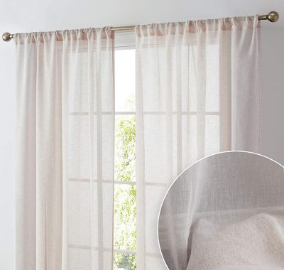 THD Zoey Faux Linen Textured Semi Sheer Privacy Sun Light Filtering Transparent Window Rod Pocket Thick Curtains Drapery Panels for Bedroom & Living Room, 2 Panels