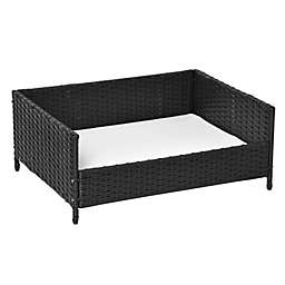 PawHut Rattan Pet Bed Raised Wicker Dog House Small animal Sofa Indoor & Outdoor with Soft Washable Cushion Black