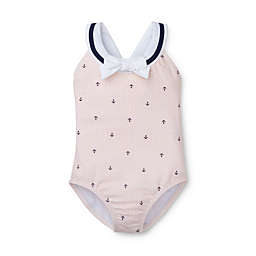 Hope & Henry Girls' One-Piece Sailor Swimsuit, Light Pink Anchor Print, 4
