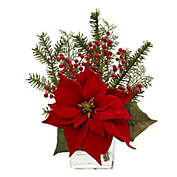 Nearly Natural Home Decorative Poinsettia, Pine and Berries in Vase Artificial Arrangement