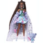 Barbie Extra Fancy Doll in Teddy-Print Gown eddy Bear Pet, Extra-Long Hair HHN13