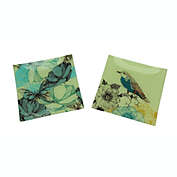 Transpac Set of 2 Nature&#39;s Poetry Painted Bird and Butterfly Square Glass Plates
