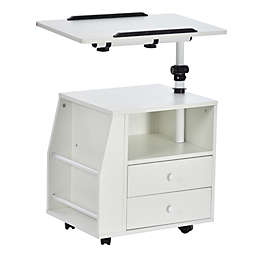 HOMCOM Modern End/Side Table for Living Room or Bedroom with a 360? Adjustable Height Tabletop & Storage Drawers, White