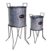 Saltoro Sherpi Galvanized Plant Stand with Corrugated Design and Metal Frame, Set of 2, Metallic Gray,