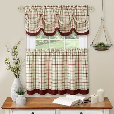 Kate Aurora Country Farmhouse Plaid 3 Pc Tattersall Cafe Kitchen Curtain Tier & Valance Set - 56 in. W x 24 in. L, Burgundy