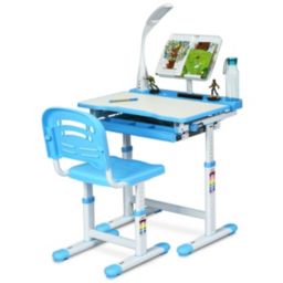 Gymax Height Adjustable Kids Desk Chair Set Study Drawing w/Lamp & Bookstand Blue