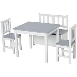 Halifax North America 4-Piece Set Kids Wood Table Chair Bench with Storage Function Easy to Clean Gift for Girls Boys Toddlers Age 3 Years up Grey and White