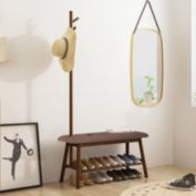 Stock Preferred 3-in-1 Bamboo Coat Rack Shoe Bench w/ 5 Hooks in Brown