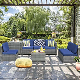 Costway 8 Piece Wicker Sofa Rattan Dinning Set Patio Furniture with Storage Table-Navy