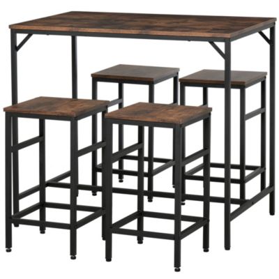 HOMCOM 5-Piece Industrial Dining Table Set, Bar Table & 4 Stools Set, Space Saving for Pob & Kitchen, Black/Brown