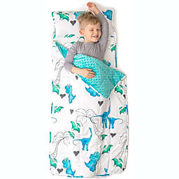 JumpOff Jo Extra Long Nap Mat with 5lb. Detachable Weighted Blanket, 2-in-1 Kids Sleeping Bag, Preschool & Daycare, Blue Dinosaurs, 53