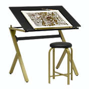 SD Studio Designs Modern Stellar 36" Wide Craft / Drawing Table with Adjustable Top and Padded Stool Set - Gold, Black