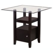 Pilaster Designs Lenn 36"H Counter Height Dining Pub Table, Cappuccino Wood, Beveled Glass Top, 35" Square, With Storage Shelves & Cabinet
