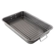 Chef Pomodoro Nonstick Carbon Steel Roasting Pan Roaster with Flat Rack, 16 x 11-Inch, Large, Grey, Bakeware Rectangular Oven BBQ Baking