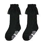 Wrapables Non-Slip Knee High Toddler Girl Socks with Lace Cuff / Black