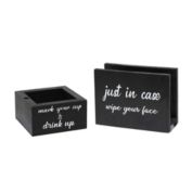 Elegant Designs Pantry Picks Modern Wooden Portable Kitchen Caddy "Just in case, wipe your face" Napkin Holder and "Mark your cup & drink up" Cup Holder Set for Events, Catering, BBQ, Bar, Dining Room, Black with White Script