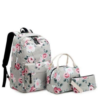 Rose Print Backpack, Lunch Bag and Pencil Case Set -  Grey