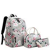 Rose Print Backpack, Lunch Bag and Pencil Case Set -  Grey