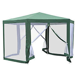 Outsunny Outdoor Hexagon Sun Shade Canopy Tent with Protective Mesh Screen Walls & Proper Sun Protection, Green