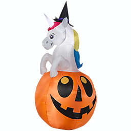 Gemmy Airblown Unicorn w/Colorchanging Horn out of Pumpkin Scene (RGB), 5 ft Tall, Multicolored