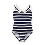 Hope & Henry Girls&#39; One-Piece Sailor Swimsuit (White with Navy Stripes, 12-18 Months)