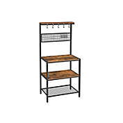 VASAGLE ALINRU Kitchen Bakers Rack Cupboard with 10 Hooks, Mesh Panel, 3 Shelves, and Adjustable Feet, for Microwave Oven Cooking Utensils, Industrial, Rustic Brown