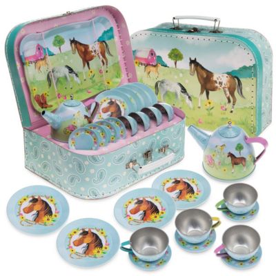 Jewelkeeper 15 Piece Girls Pretend Toy Tin Tea Set & Carrying Case - Ballerina