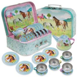 Jewelkeeper 15 Piece Girls Pretend Toy Tin Tea Set & Carrying Case - Ballerina