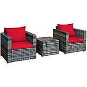 Costway-CA 3 Pcs Patio Rattan Furniture Bistro Sofa Set with Cushioned-Red
