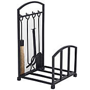 HOMCOM Firewood Log Rack Storage Holder Stand with Tool Kit and Wrought Metal Frame for Indoor/Outdoor Use, Black