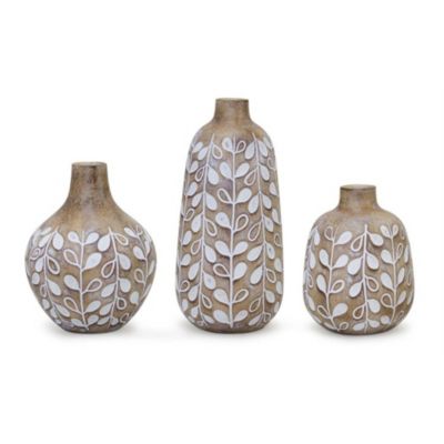Melrose Set of 3 Brown and White Whimsical Leaf Planter Vases 8.75"