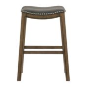 Lexicon 29"H Solid Wood Leather Upholstery Saddle Stool with Nailhead Trim, Brown Finish - Gray Seat