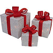 Northlight Set of 3 Silver Tinsel Lighted Gift Boxes with Red Bows Outdoor Christmas Decorations