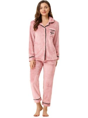 Allegra K Women&#39;s Pajama Sets Sleepwear Button-Down Night Suit Lounge Sets Pink M