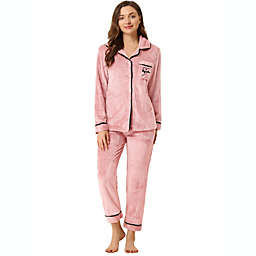 Allegra K Women's Flannel Fleece Button Front Sleepwear Collared Long Sleeve Nightwear Soft Night Suit 2pc Pajama Sets Medium Pink
