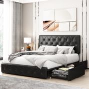 Homfa Leather Storage Platform Bed Frame Full with 4 Drawers in Black