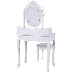 Costway Vanity Table Set with Cushioned Stool with 360? Rotating Oval Mirror and Three Drawers-White