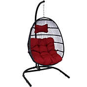 Sunnydaze Outdoor Resin Wicker Patio Julia Hanging Basket Egg Chair Swing with Cushions, Headrest, and Steel Stand Set - Red - 3pc