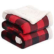PiccoCasa Plaid Sherpa Fleece Breathable Throw Blanket Buffalo Checker Flannel Blankets and Reversible Soft Warm Fuzzy Microfiber Blanket for Couch Sofa, Scarlet+Black, Throw Size, 50x60 Inch