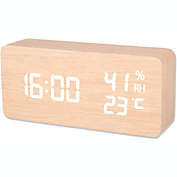 Necano Wood Digital Alarm Clock, Led Time Display Wooden Digital Desk Clock with 6 Level Warm Brightness, Temperature, Humidity Electric Clock with US