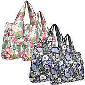 Wrapables Large & Small Foldable Nylon Reusable Bags, Set of 4, Lavender & Tropical Flowers
