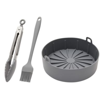 Juvale 4-Piece Set Silicone Pot Basket with Handles, Brush, Tongs for Air Fryer Liner (7.5 In, Gray)