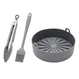 Juvale 4-Piece Set Silicone Pot Basket with Handles, Brush, Tongs for Air Fryer Liner (7.5 In, Gray)